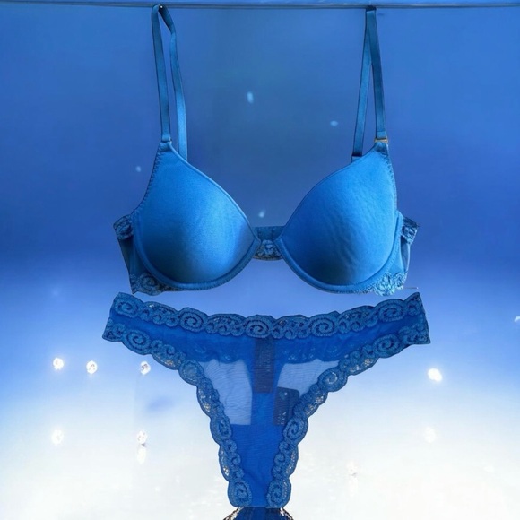 🆕💕NATORI Lightweight Underwire Lace T-Shirt Bra + Panty Set • BLUE • 32B & Small